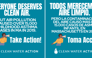 Graphic design in English and Spanish that says Everyone Deserves Clean Air: Take action for clean air for everyone! / ¡Toma acción por aire limpio para todos! 