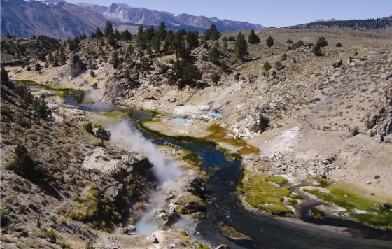 Hot Creek flows through the Long Valley Caldera in a volcanically active region of east-central California. 