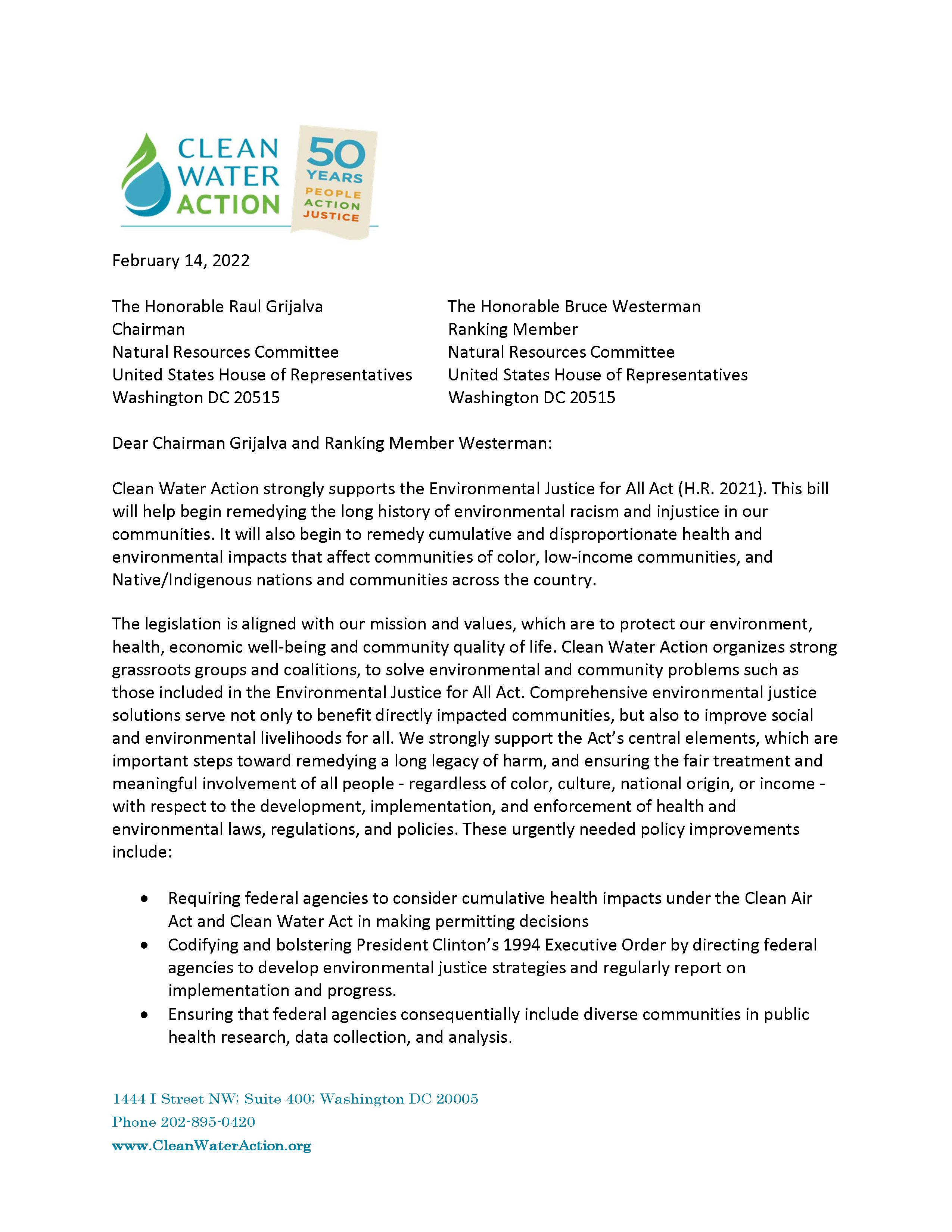 Clean Water Action Environmental Justice for All Act Support Letter