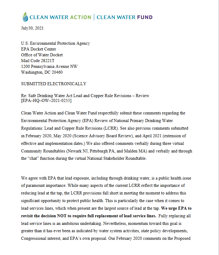 Clean Water Action-Clean Water Fund LCRR Review Additional Comments July 2021 Page 1