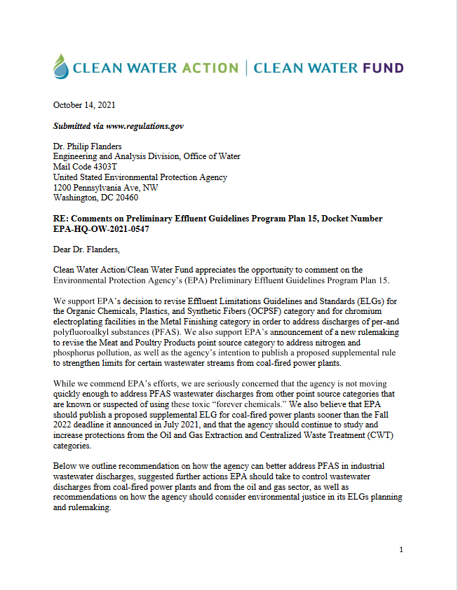 Clean Water Action letter to EPA October 2021 Page 1