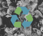 Blue and green chasing-arrows recycling symbol against a background of black and white trash