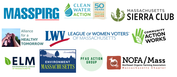 Groups supporting new PFAS legislation in MA including MASSPIRG, Clean Water Action, MA Sierra Club (full list in text)