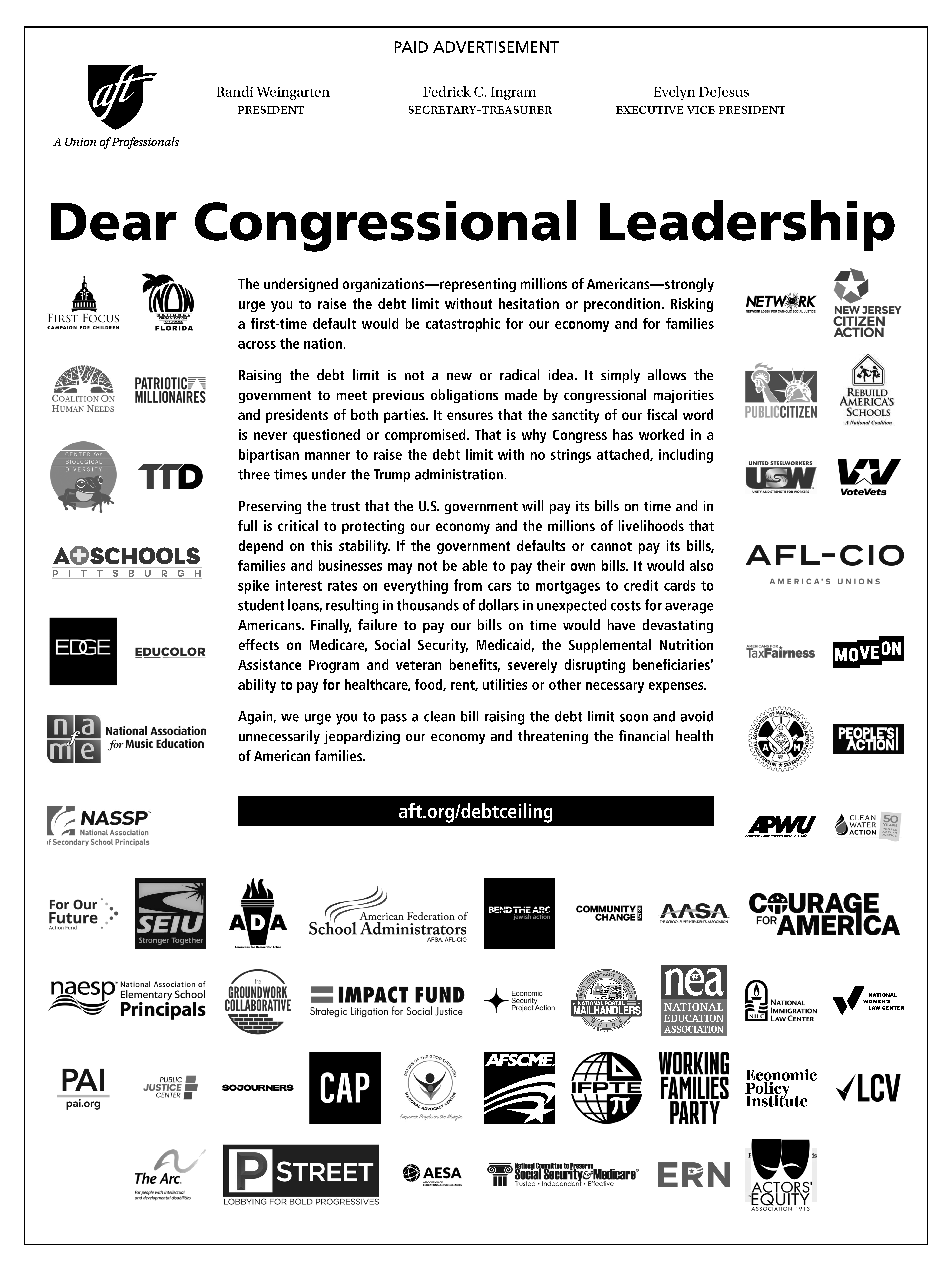 Dear Congressional Leadership: The undersigned organizations—representing millions of Americans—strongly urge you to raise the debt limit without hesitation or precondition. Risking a first-time default would be catastrophic for our economy and for families across the nation...