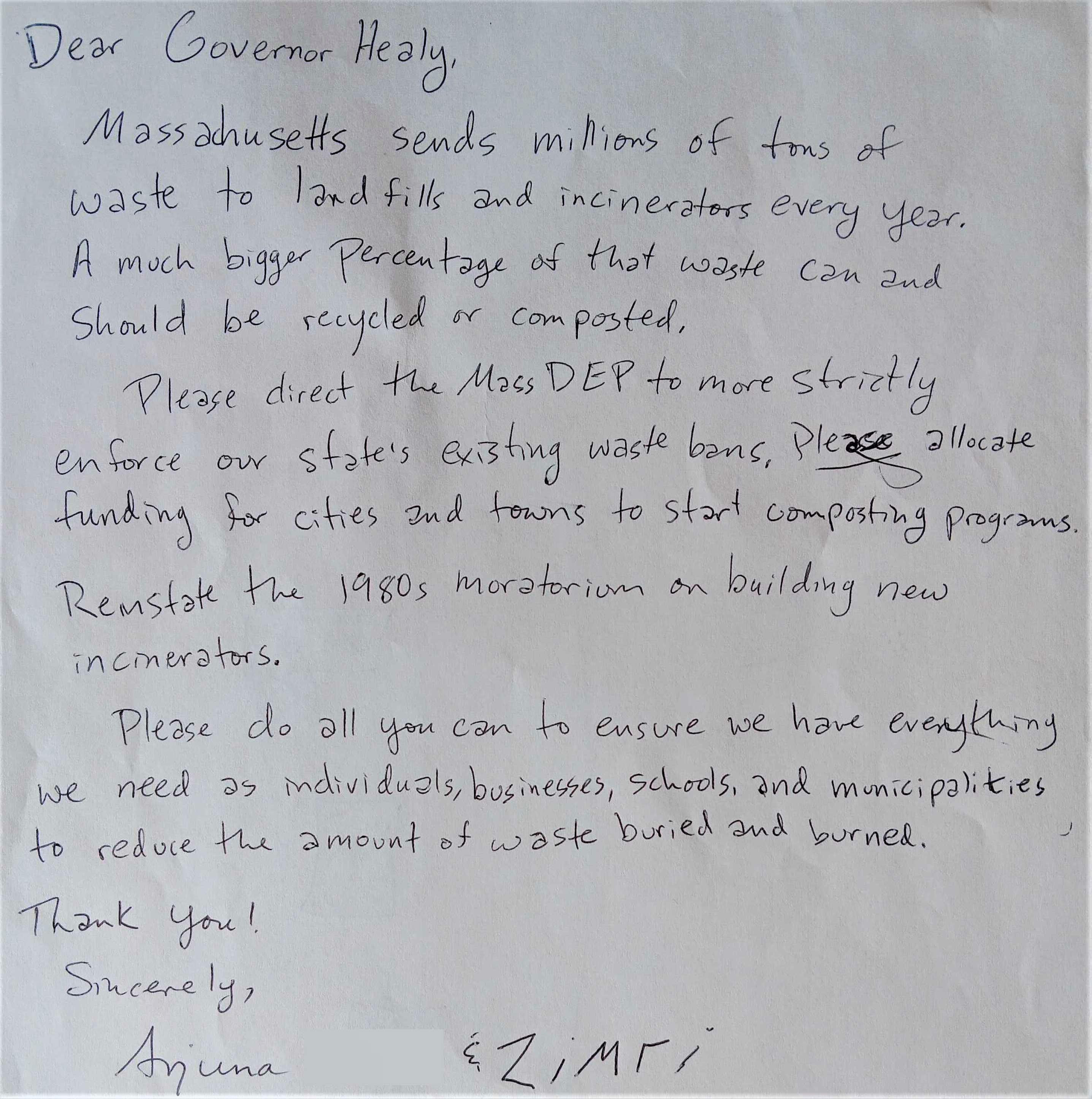Image of a letter written to Gov Healey with text urging him to reduce plastic pollution