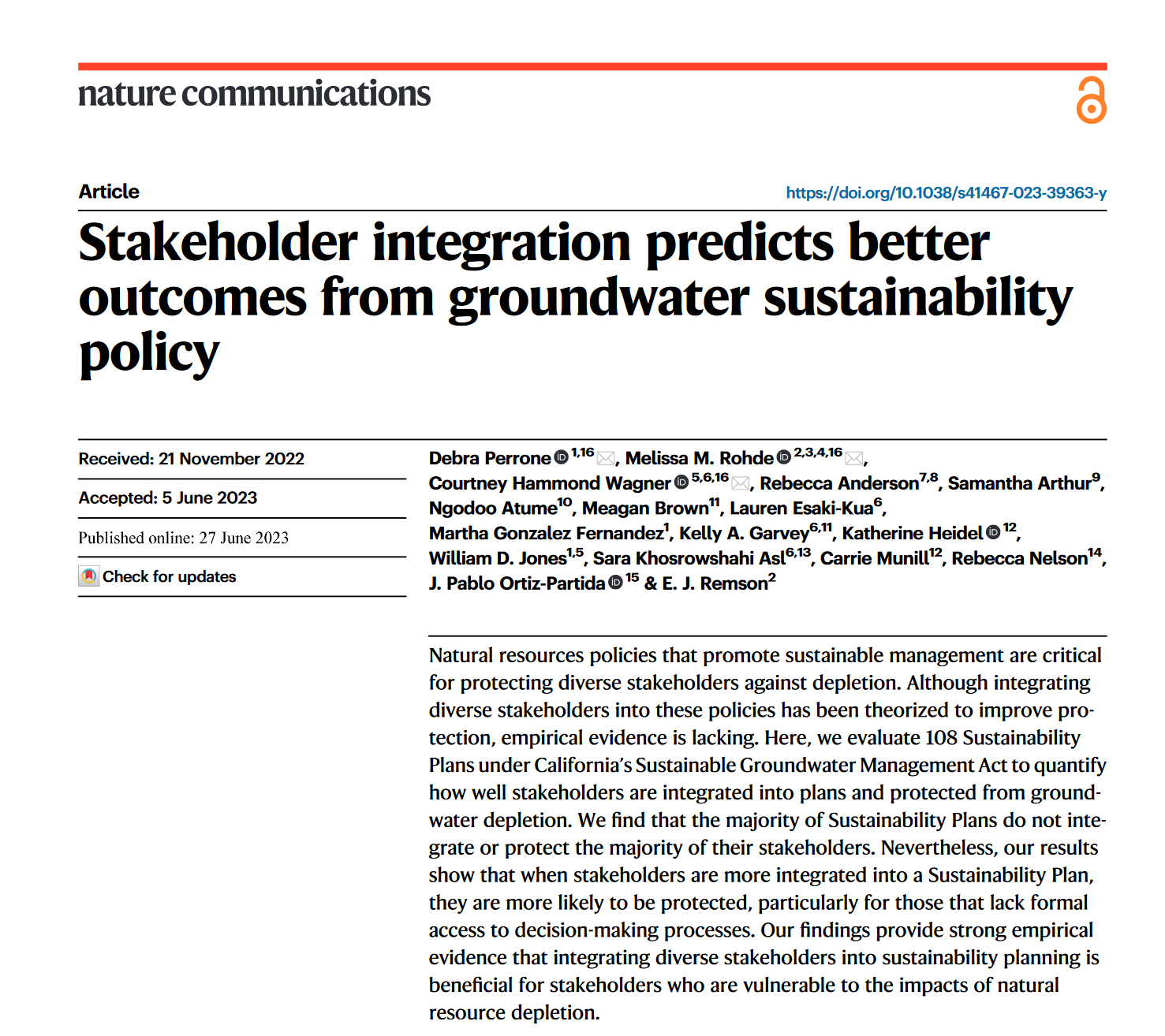 Stakeholder integration predicts better outcomes from groundwater sustainability policy - Page 1