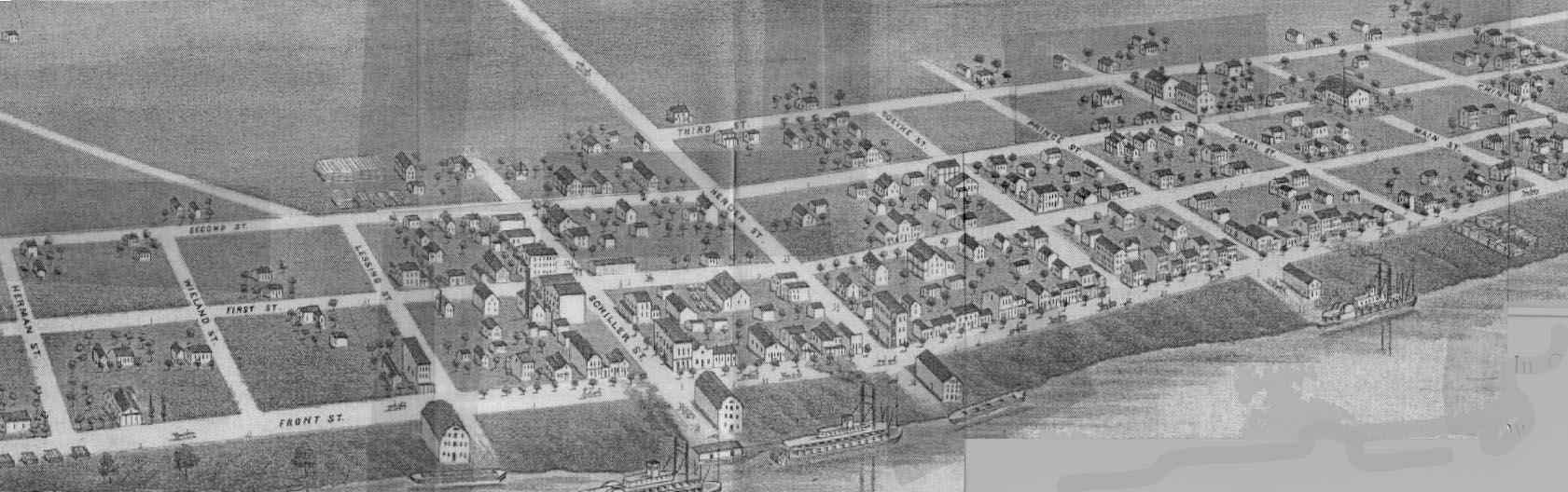 Historic drawing of the town layout of Gutenberg, IA