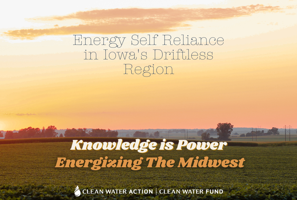 Picture of farm with transmission lines on horizon. "Energy Self Reliance In Iowa's Driftless Region - Knowledge is Power - Energizing The Midwest"