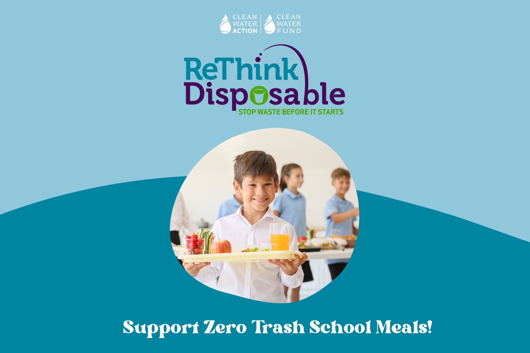 Image of a graphic design with kid holding plate of reusables with ReThink Disposable logo