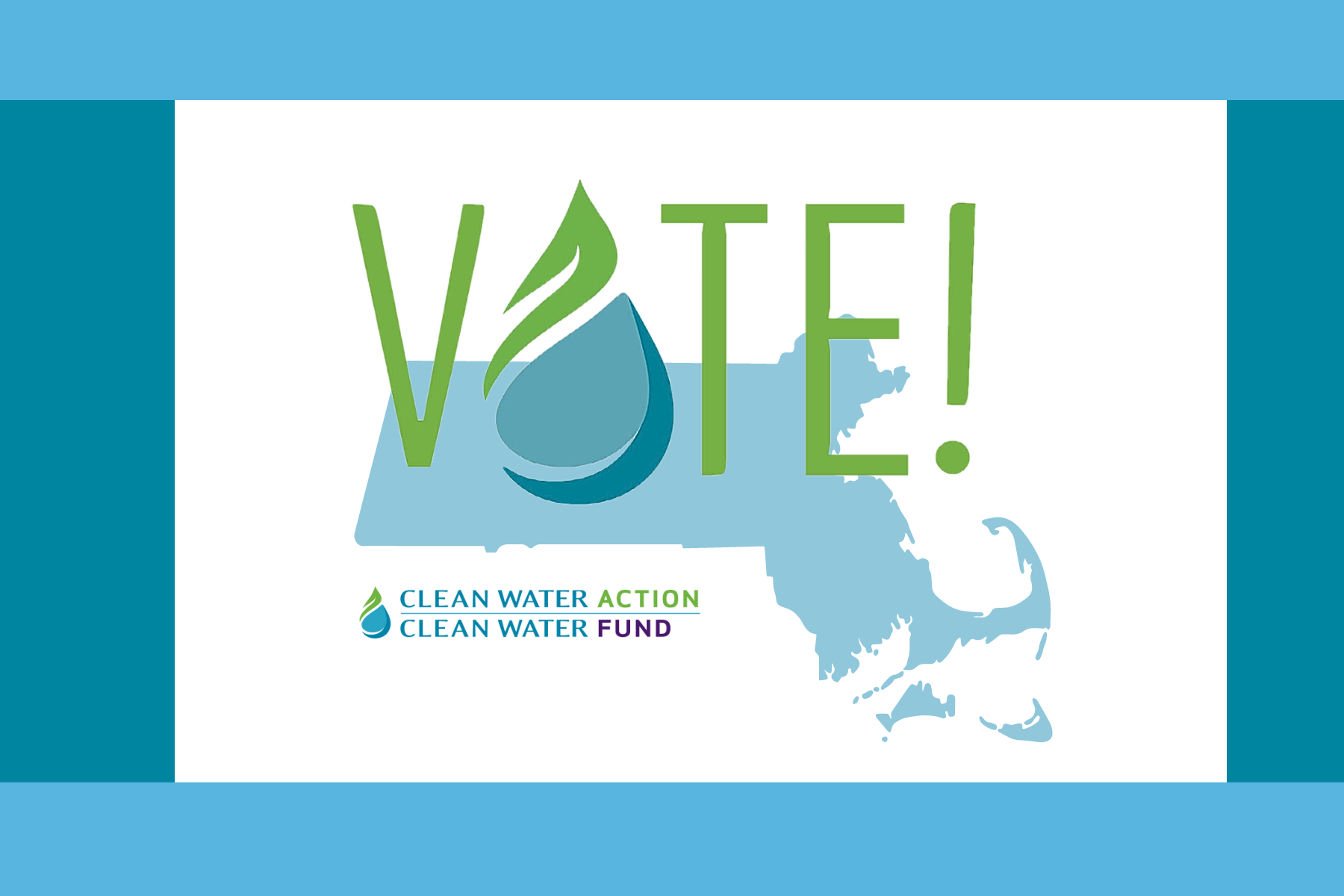 Graphic design by Clean Water Action that says Vote with an outline of MA state