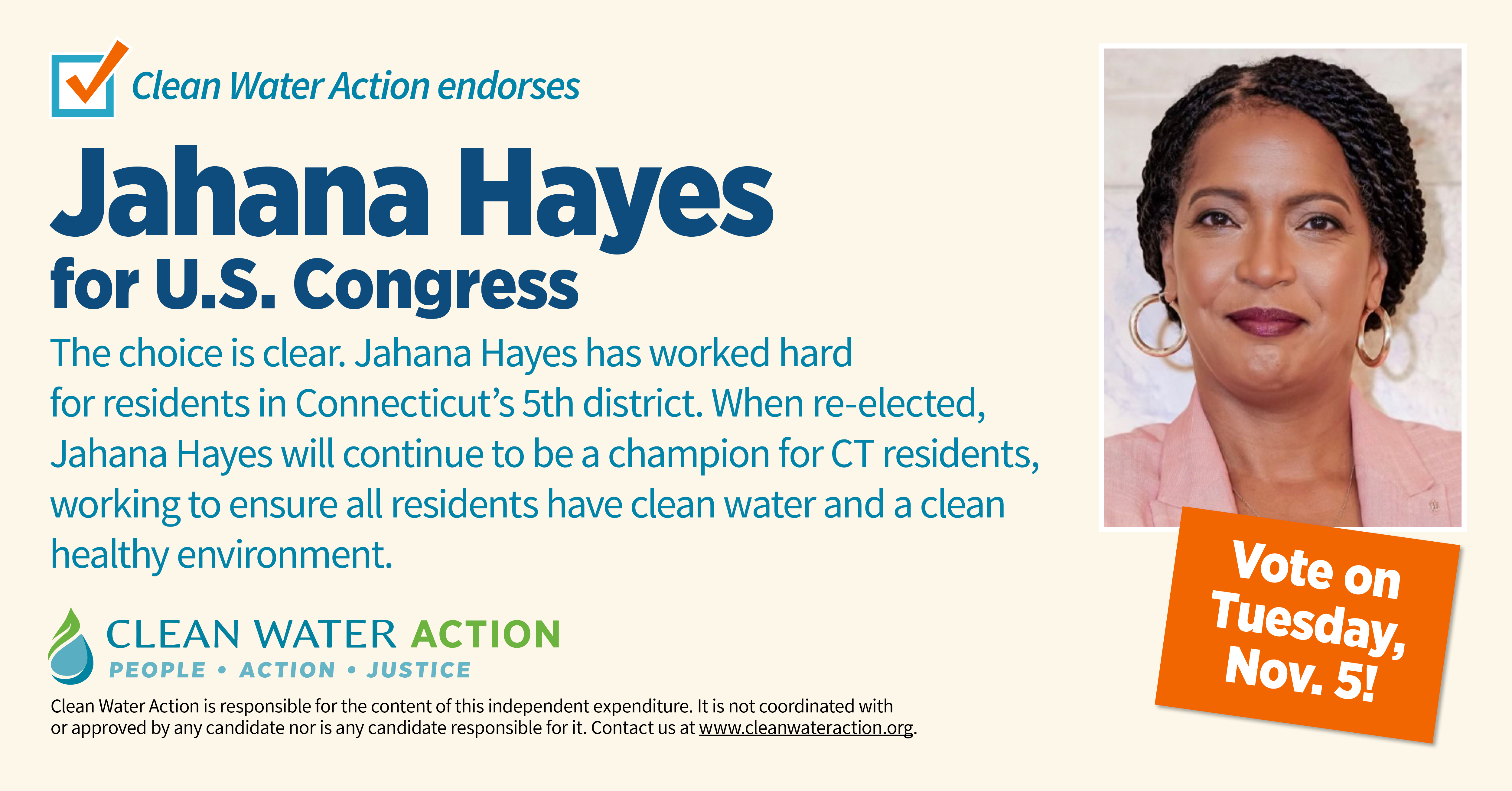 Graphic design by Clean Water Action that says "Jahana Hayes for U.S. Congress"