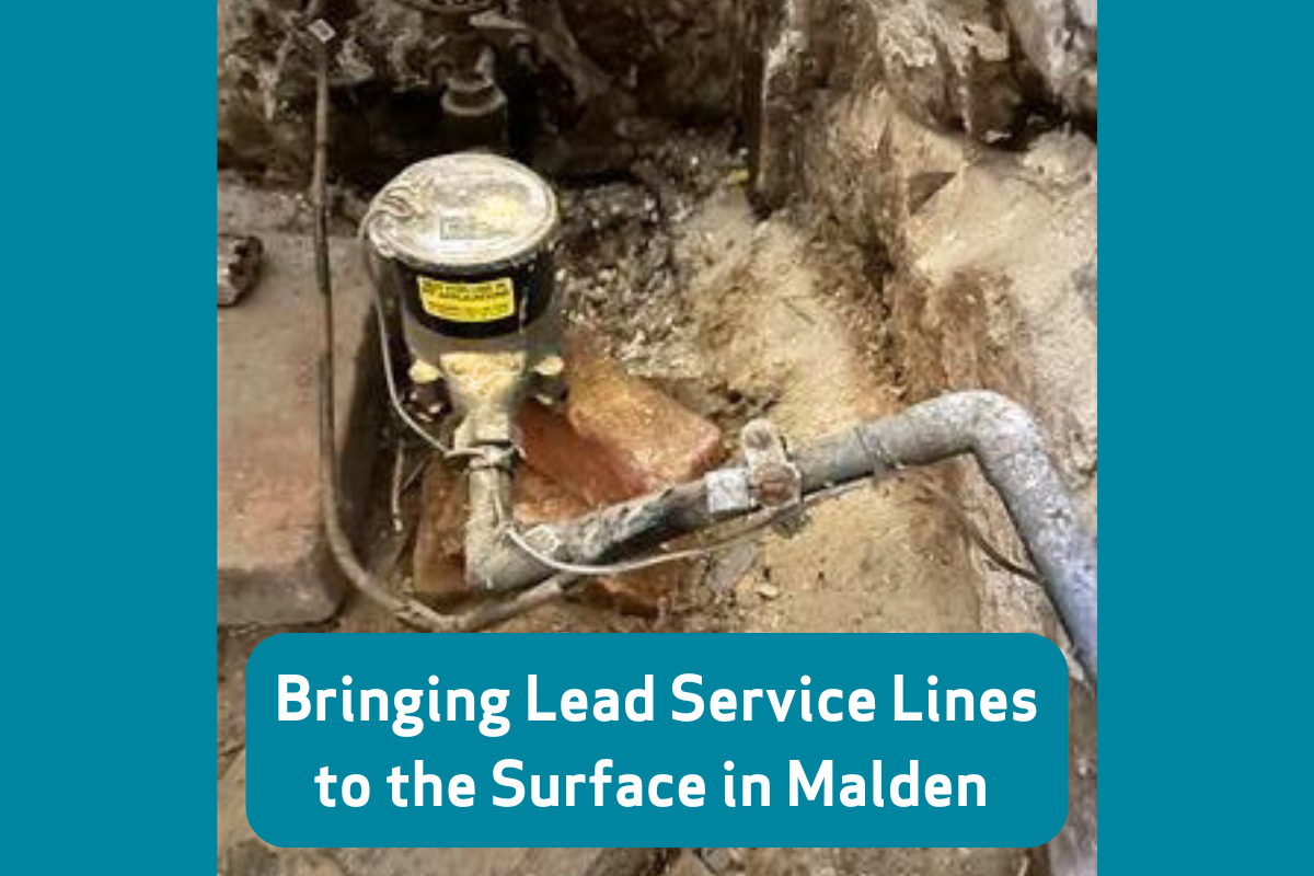 Graphic that has an image of a lead service line and text that says Bringing Lead Service Lines to the Surface in Malden