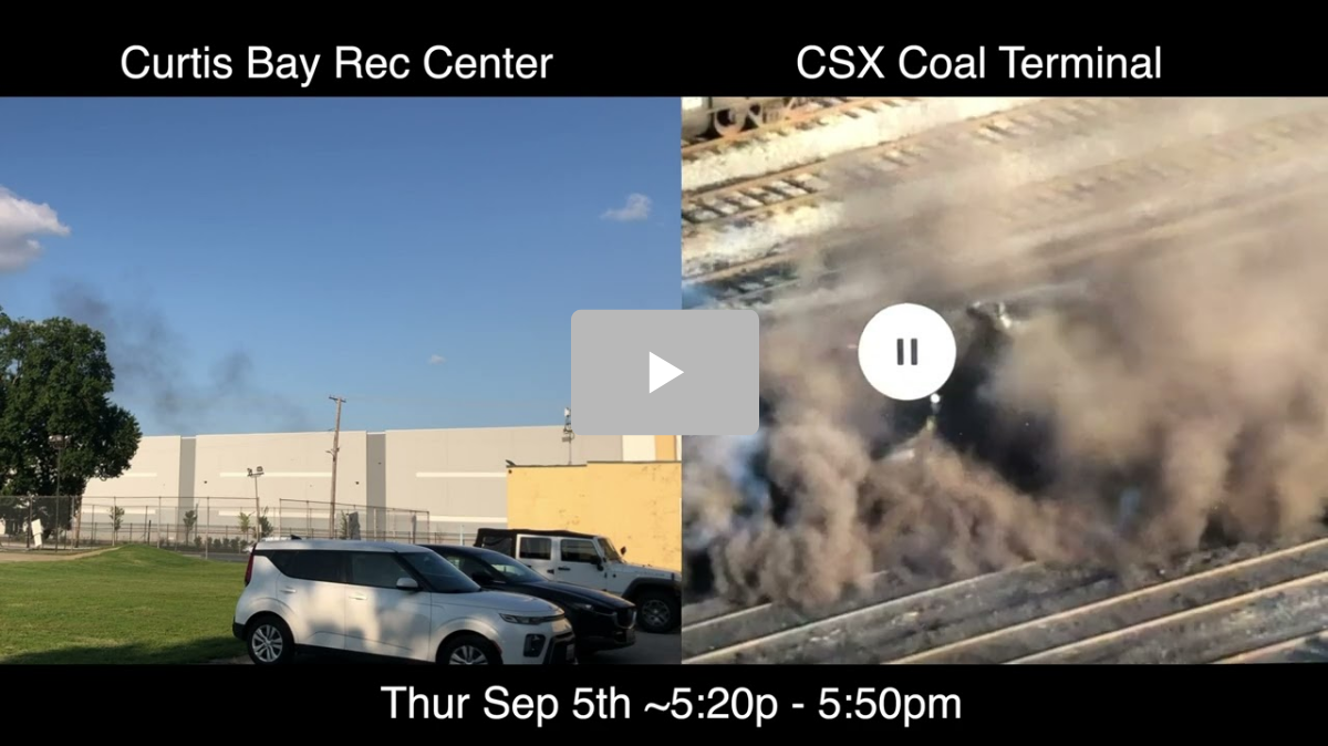 Picture labeled CSX Coal Terminal of a huge cloud of dust obscuring several railway lines.