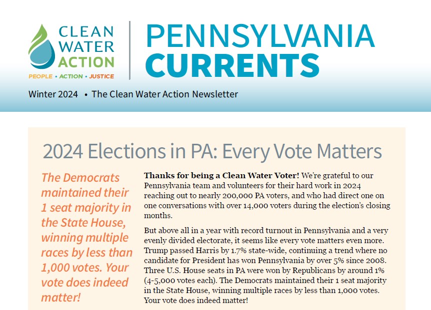 Graphic design featuring PA Currents Clean Water Action newsletter cover for Winter 2024