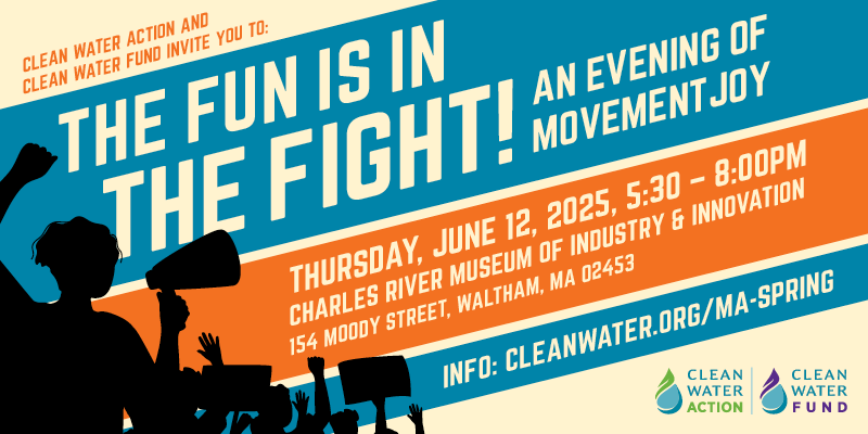 Graphic for Clean Water's annual celebration - the Fun is in the Fight! features sillouettes of people at a rally