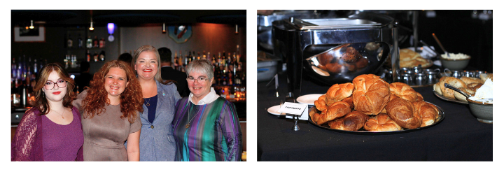 Four women smiling together before a bar, next to an image of fresh croissants and butter.