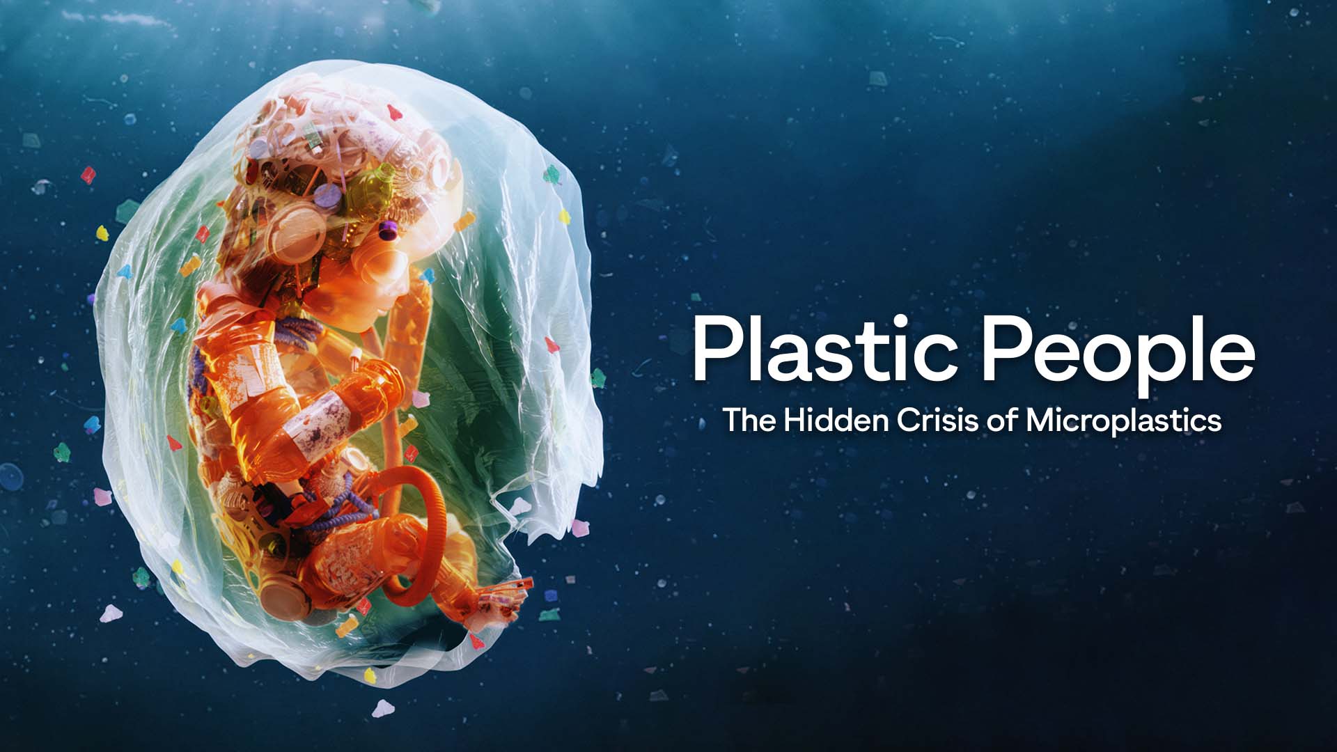 Image of a baby made from different pieces of plastic, floating within a plastic bag.