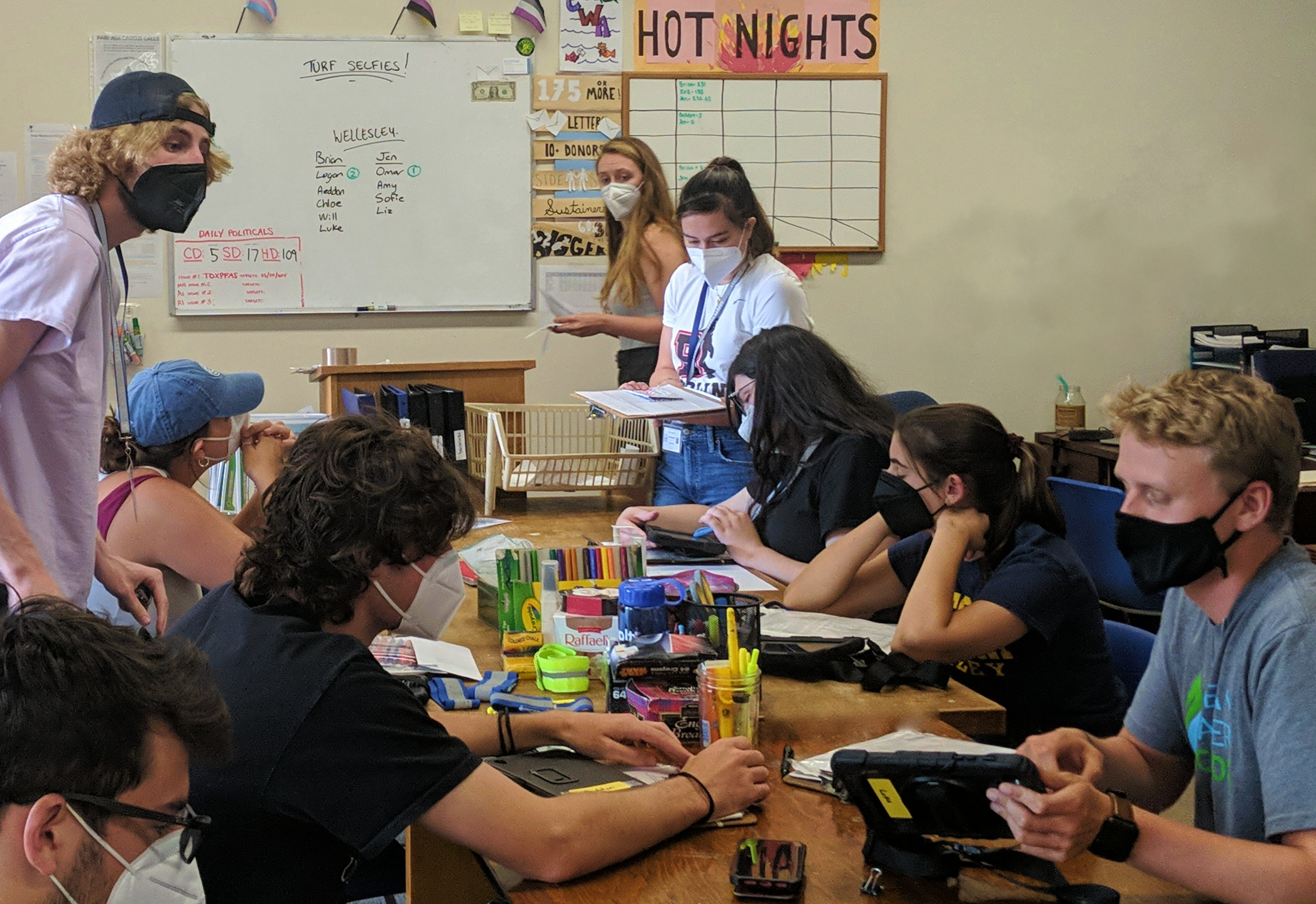 A group of masked young adults gather around a busy table