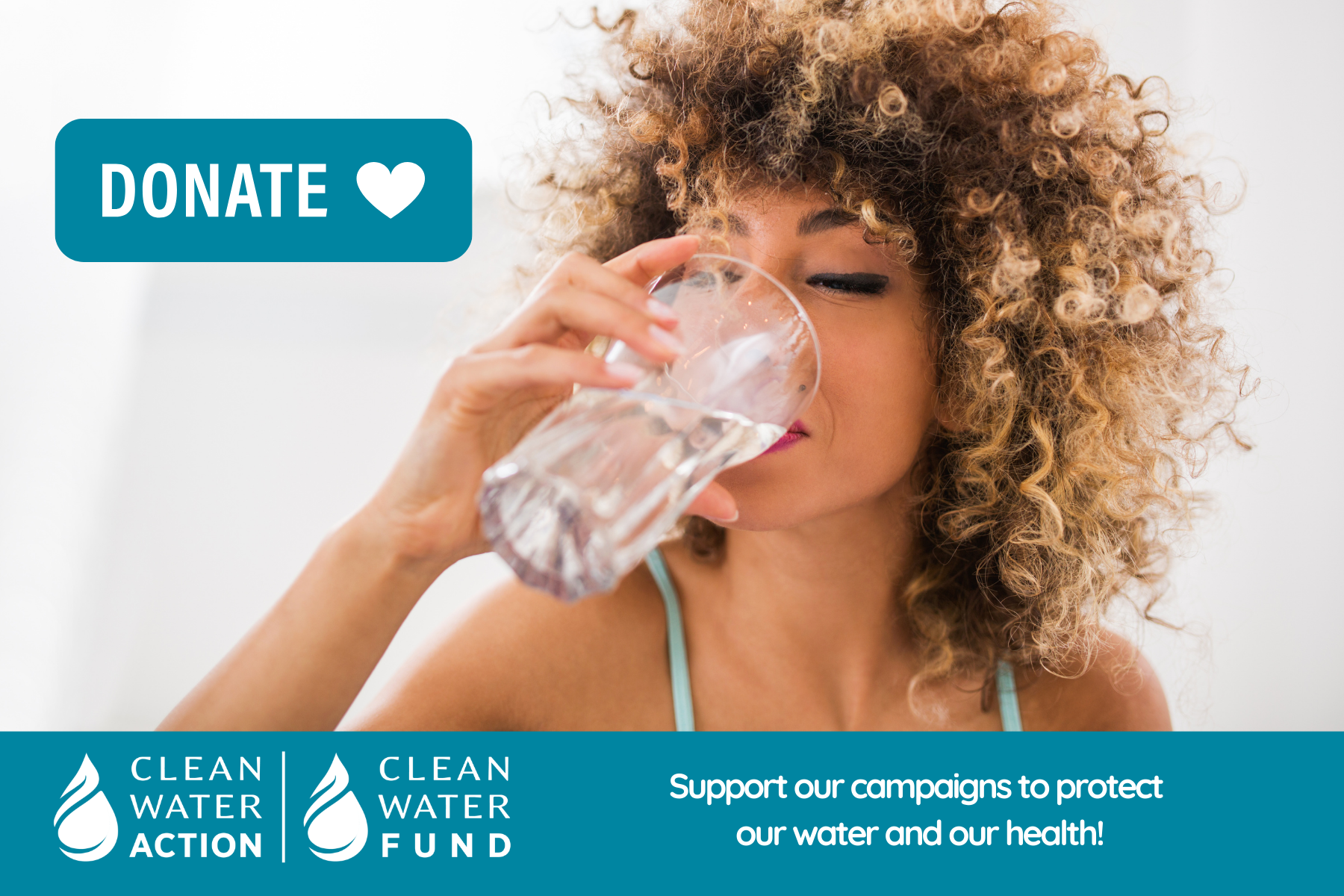 Woman of color drinking a glass of water with a donate button to the left