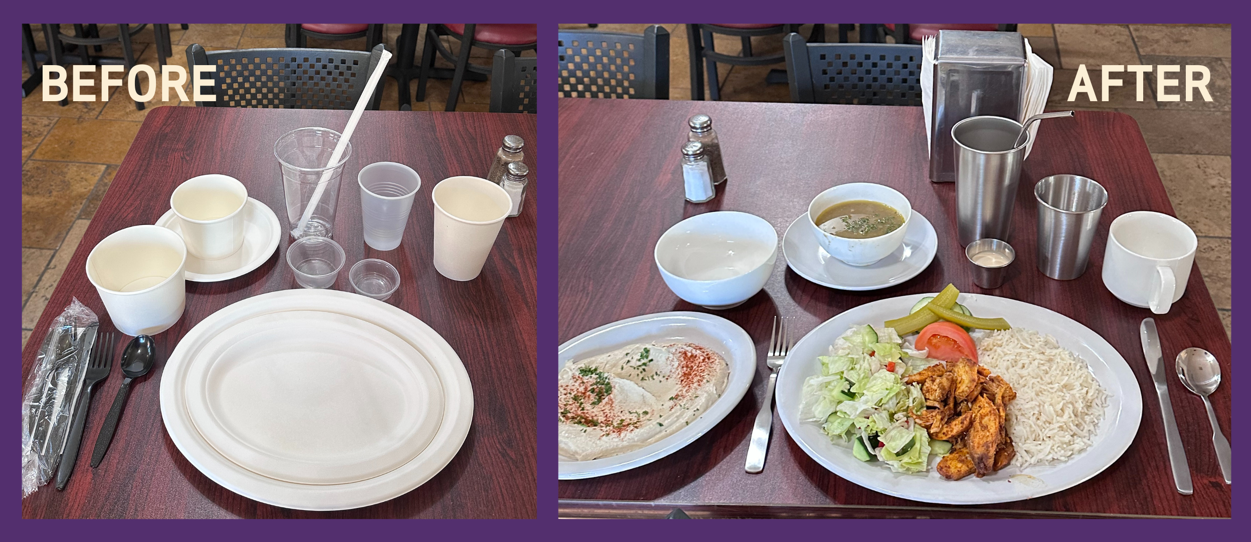 Before and after pictures showing a disposable table setting at a restaurant replaced with washable, reusable items