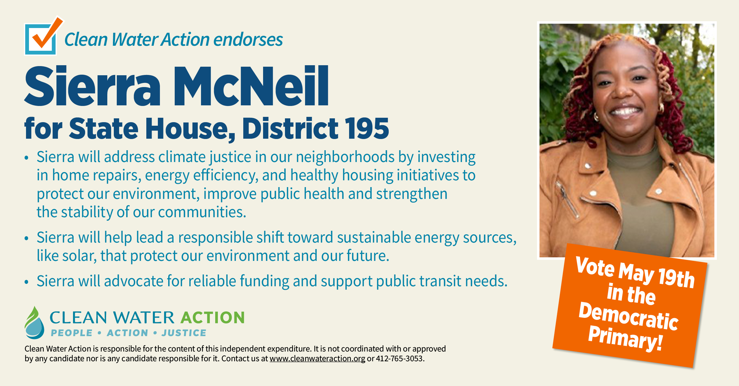 Clean Water Action endorsement graphic: McNeil