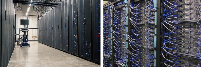 Long aisle with servers stacked side-by-side, and a closer look at the server hardware inside the stacks