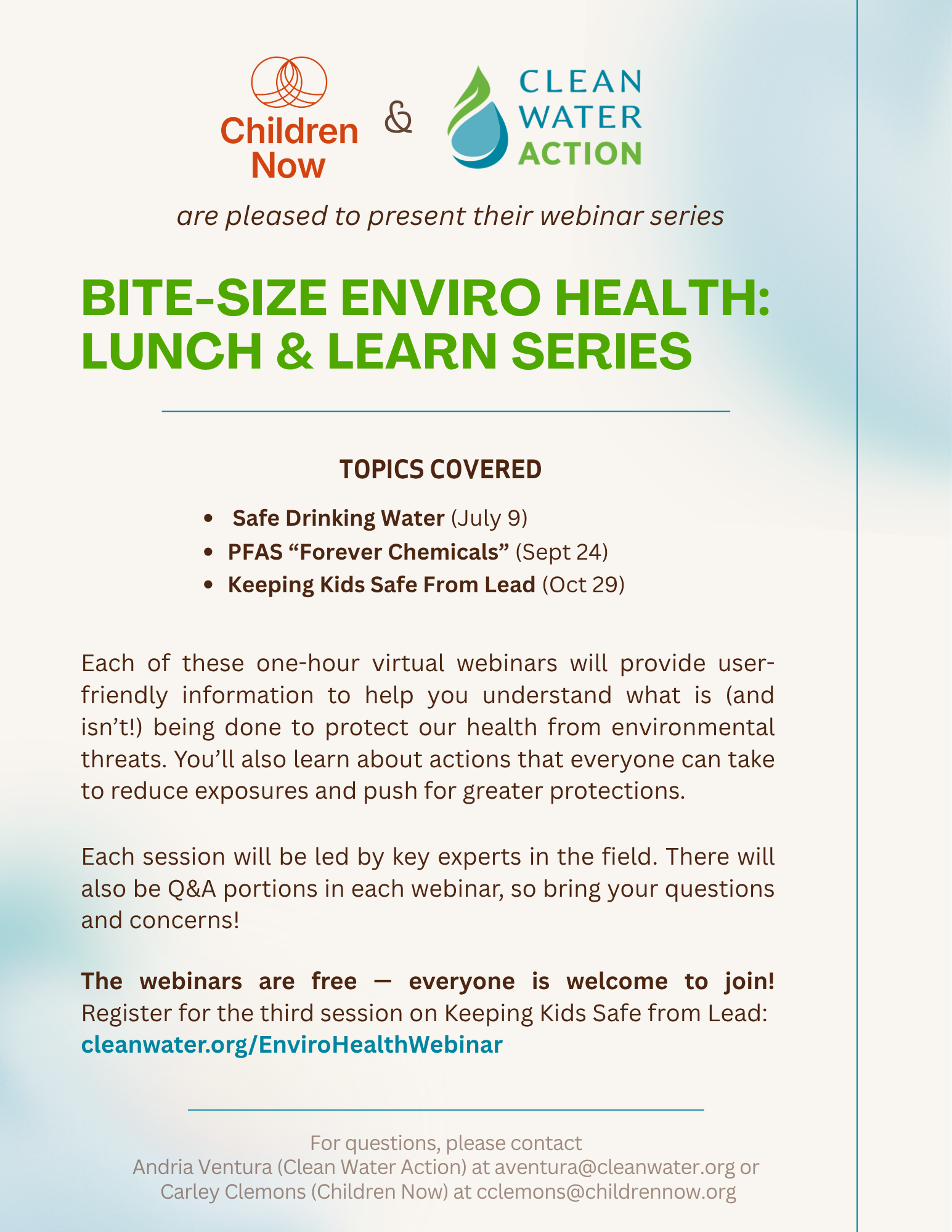 Flyer for the Bite-Size Enviro Health Webinar Series