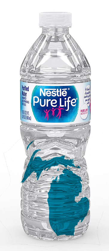 Bottle of Nestle Pure Life with State of Michigan outline inside