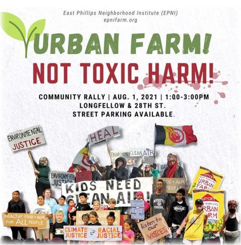 Flyer for East Phillips August 202 Rally - montage of community members and signs, title "Urban Farm not Toxic Farm!"