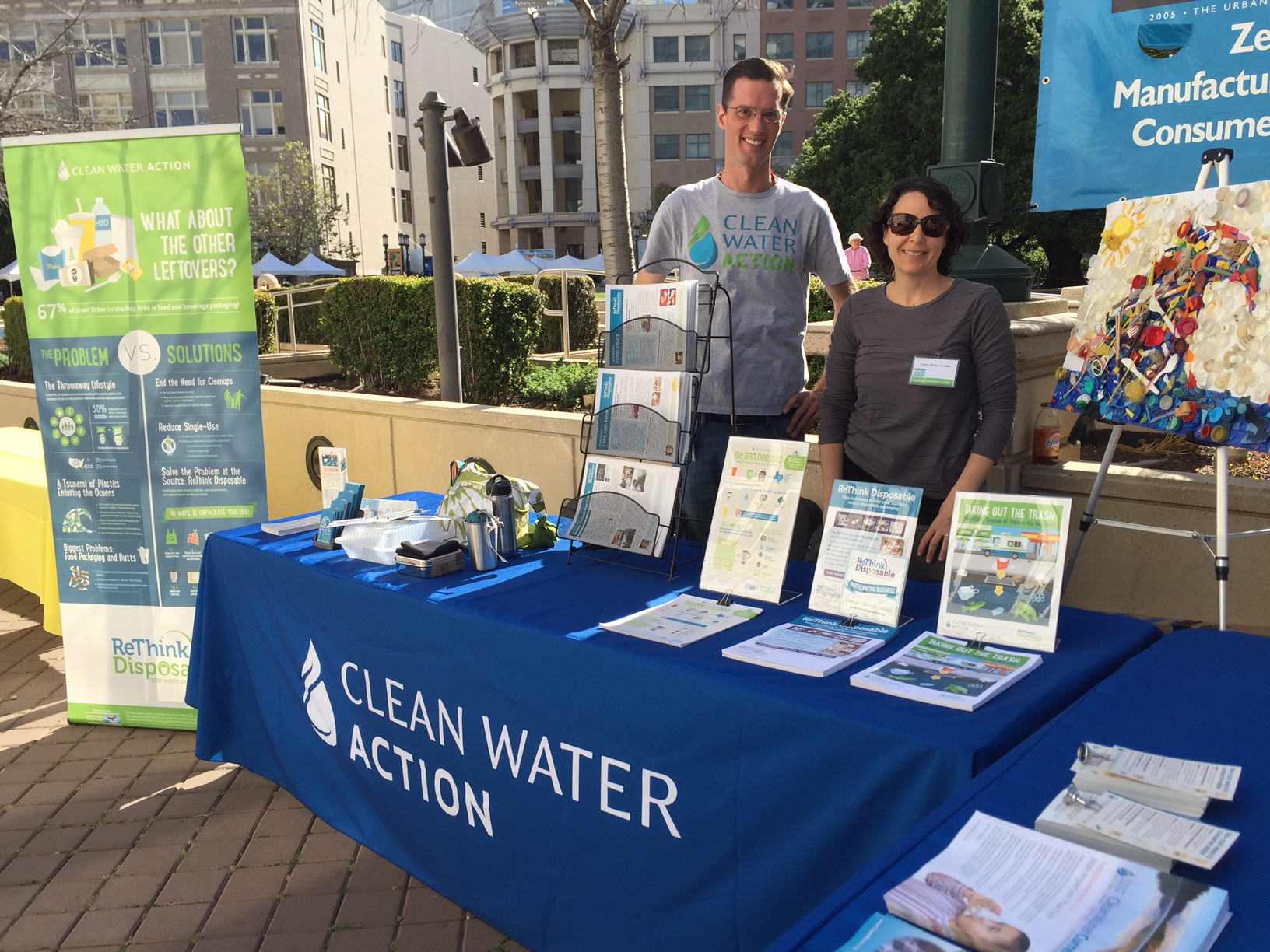 The author (left) and Waste Prevention Program Associate Dara Rossoff Powell (right), tabling on Wednesday, April 6 at the City of Oakland’s Earth Expo event, downtown.