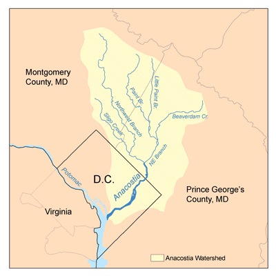 Map of the Anacostia River in Washington DC and Maryland