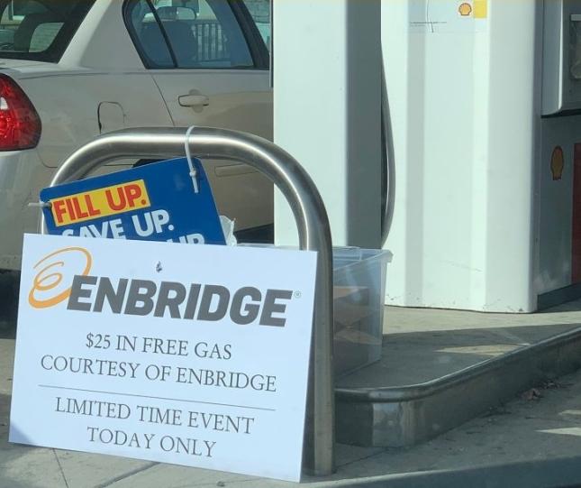 Enbridge free gas card promotion sign. Credit: Zach Strader
