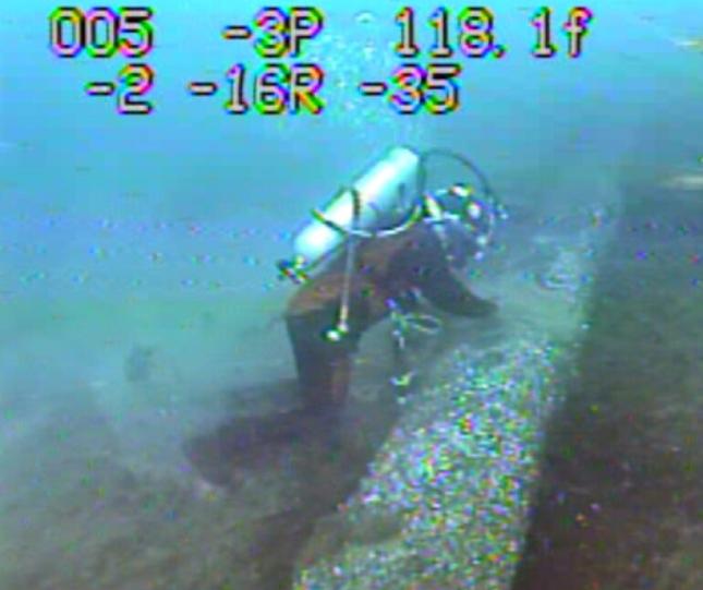 Still from Enbridge underwater inspection of anchor strike video provided to Michigan Government 2020