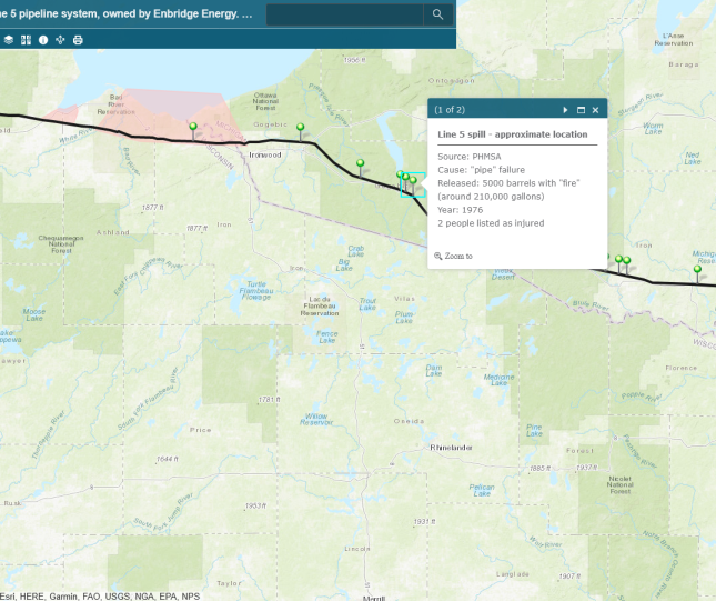 Enbridge Line 5 has spilled at least 1.1M gallons in past 50 years - 1976 Map Highlight. Source Beth Wallace NWF