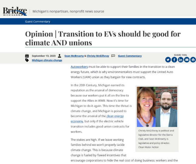Bridge Michigan Headline: Opinion | Transition to EVs should be good for climate AND unions