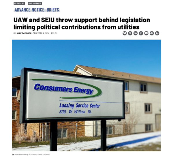 UAW and SEIU throw support behind legislation limiting political contributions from utilities