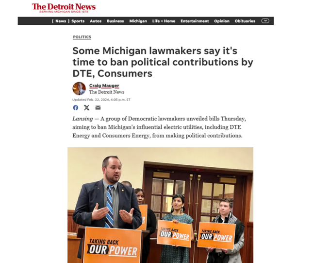 Some Michigan lawmakers say it's time to ban political contributions by DTE, Consumers