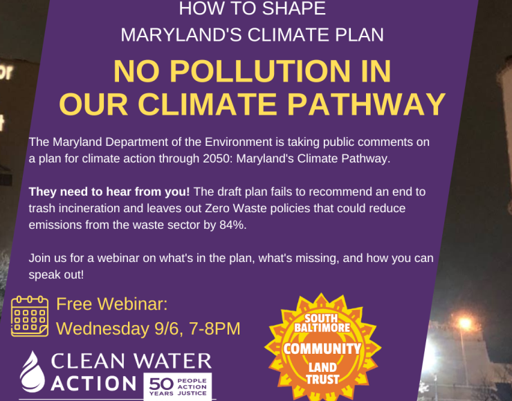 A picture of the BRESCO trash incinerator in Baltimore at night, with a light projection on the wall saying "Toxic for People and Planet." In the middle, a diagonal purple stripe offsets the webinar description below.
