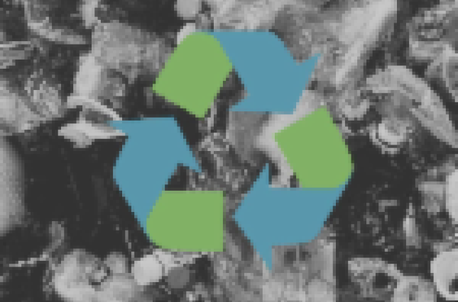 A picture of the triangular recycling symbol with chasing arrows in blue and green, in front of a grayscale picture of a pile of trash.