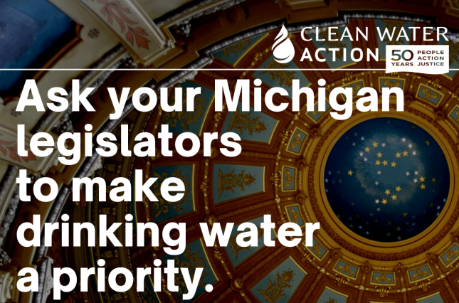 Michigan capitol rotunda ceiling. "Ask your Michigan legislators to make drinking water a priority: Act Now"