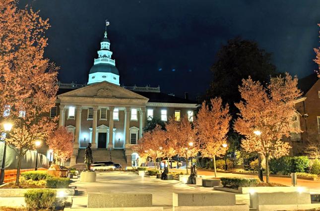 Maryland State House at night with blossoming trees and construction
