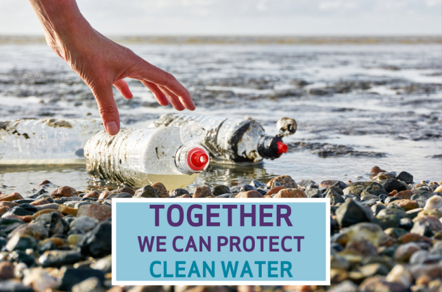 Image of a person cleaning up bottles on a beach that says " Together We Can Protect clean water"