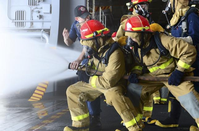 Firefighters using PFAS fire fighting foam