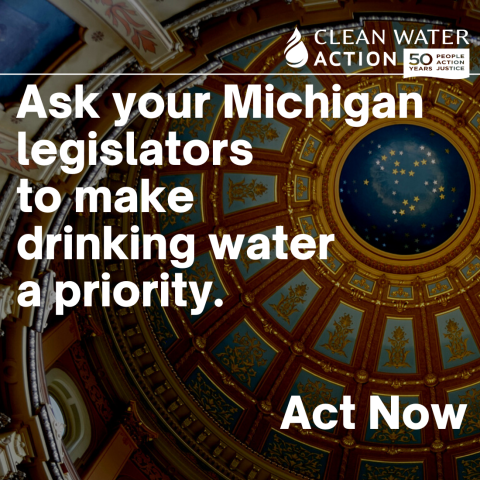 Michigan capitol rotunda ceiling. "Ask your Michigan legislators to make drinking water a priority: Act Now"