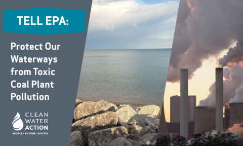 Image of waterway (Lake Michigan) next to coal plant pollution