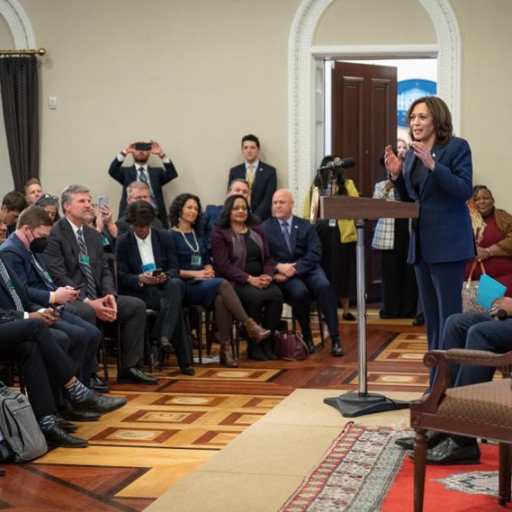 National Accelerating Lead PIpe Replacement Summit. Kamala Harris speaking to attendees at the White House.