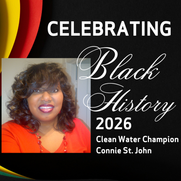 Black History Month graphic with BH background and photo of Connie St. John