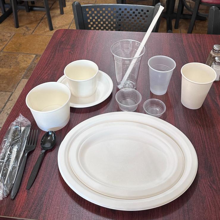Restaurant placce setting with single-use disposable items like bowls, plates, and cups