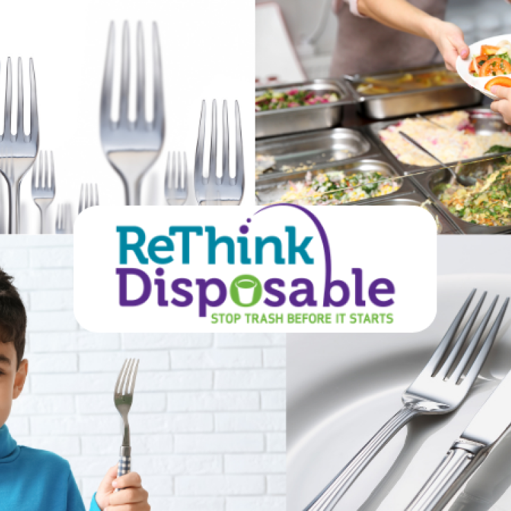 Boy holding folk, forks, utensils on plate and cafeteria with server handing food to kid