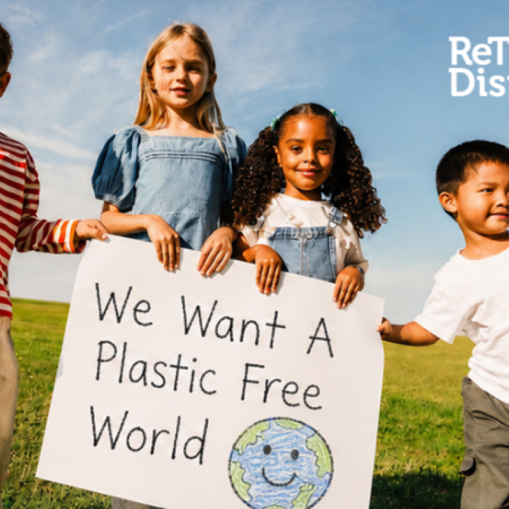 Kids holding sign that says We Want a Plastic Free World